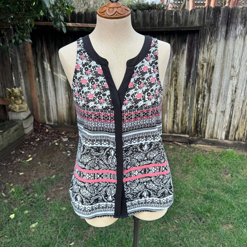 Sanctuary Sleeveless Top Black & White Coral Floral Blouse Women's Size XS